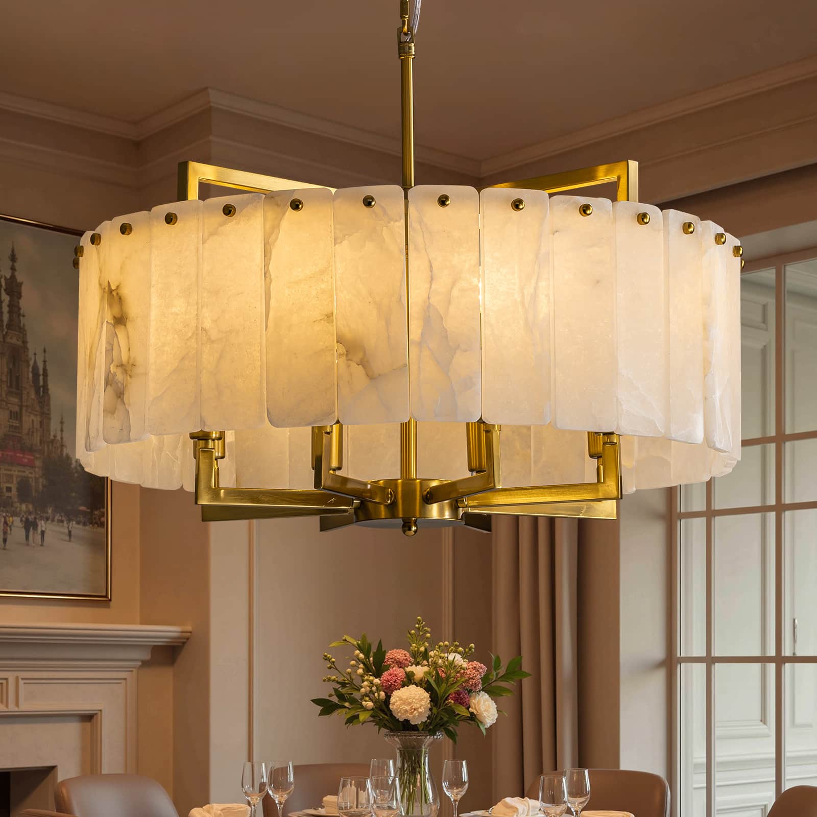 Siljoy - 24 Inch Alabaster Round Chandelier, Modern Luxury 8-Light Brass Marble Pendant Light for Living Dining Entryway - Gold Brass price history on PriceWatchPro