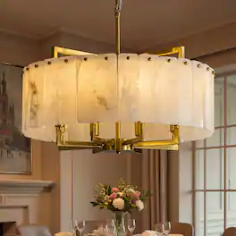 Siljoy - 24 Inch Alabaster Round Chandelier, Modern Luxury 8-Light Brass Marble Pendant Light for Living Dining Entryway - Gold Brass