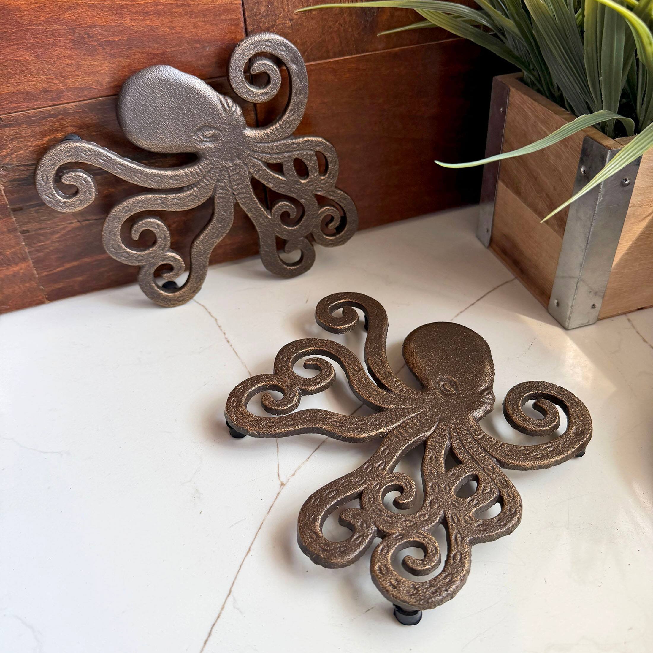 Alt View 4. Things2Die4 - Octopus Trivet Set of 2 Bronze Cast Iron Coastal Kitchen Decor 6.5 In - Bronze.
