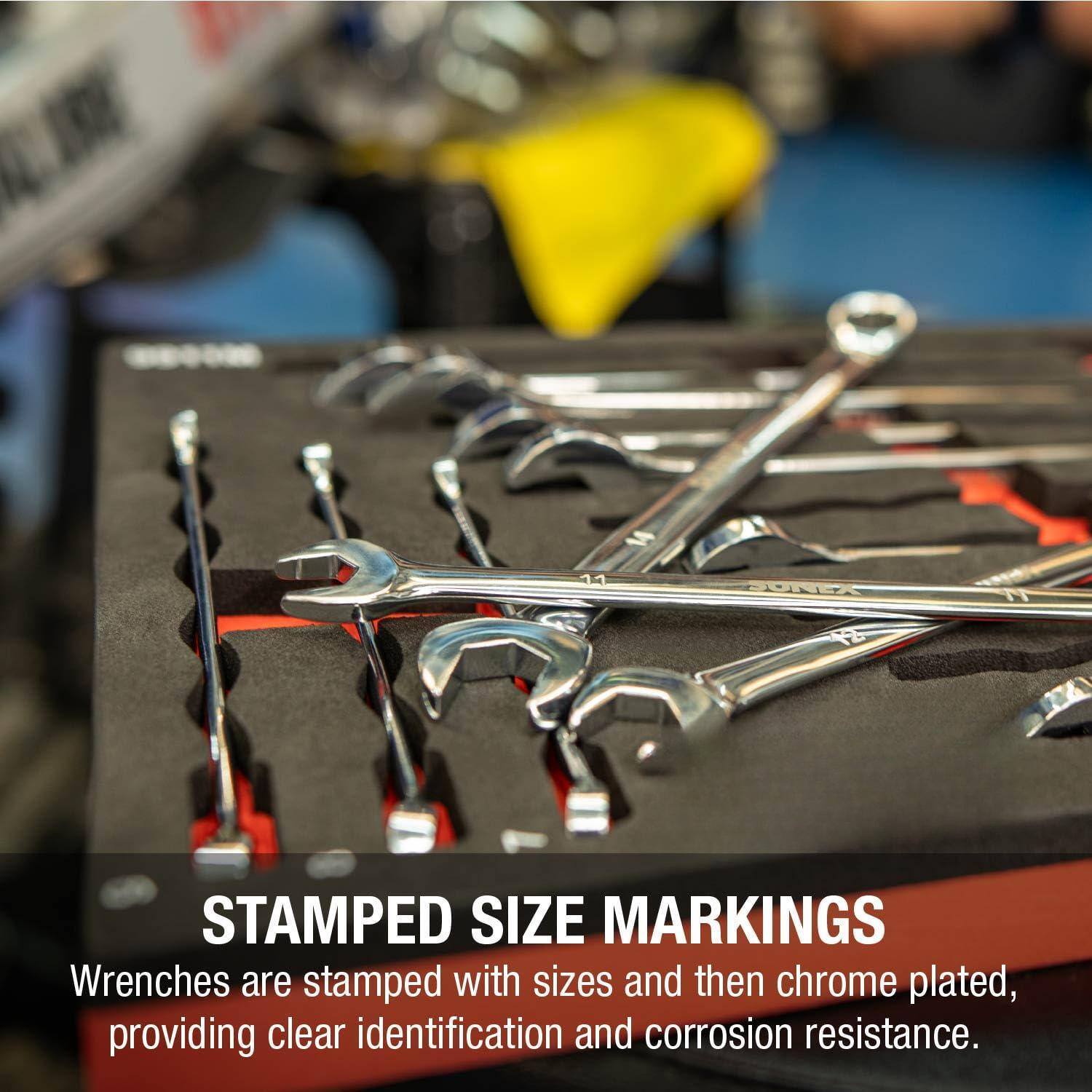 STAMPED SIZE MARKINGS  
Wrenches are stamped with sizes and then chrome plated, providing clear identification and corrosion resistance.