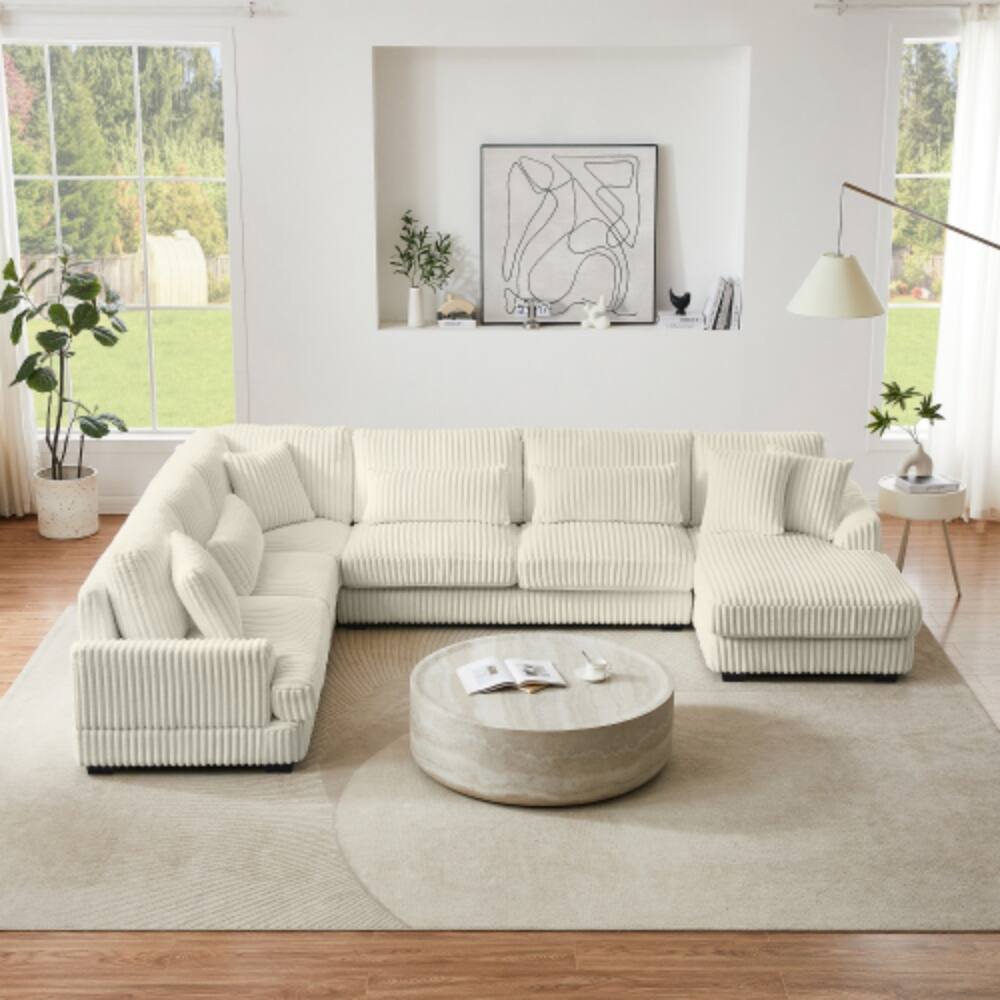 Front. LUCKY ONE - 129" Oversized U-Shaped Corduroy Sectional Sofa w/ Chaise Lounge & 7 Pillows - Beige.