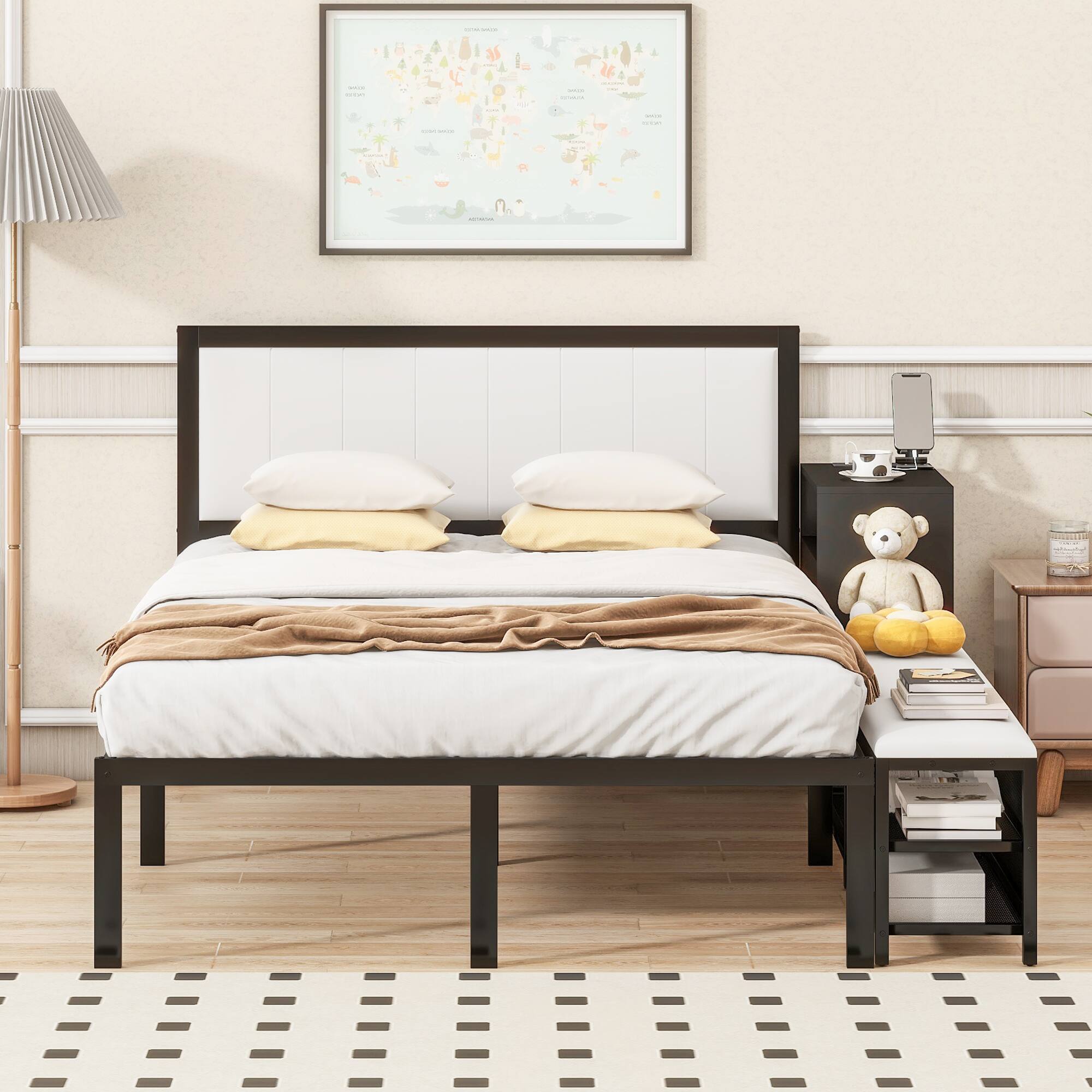 Angle. Tiramisubest - Full size Metal Platform Bed with Two-Tier Storage Shelves, Wooden Storage Cabinet, Black - Black.