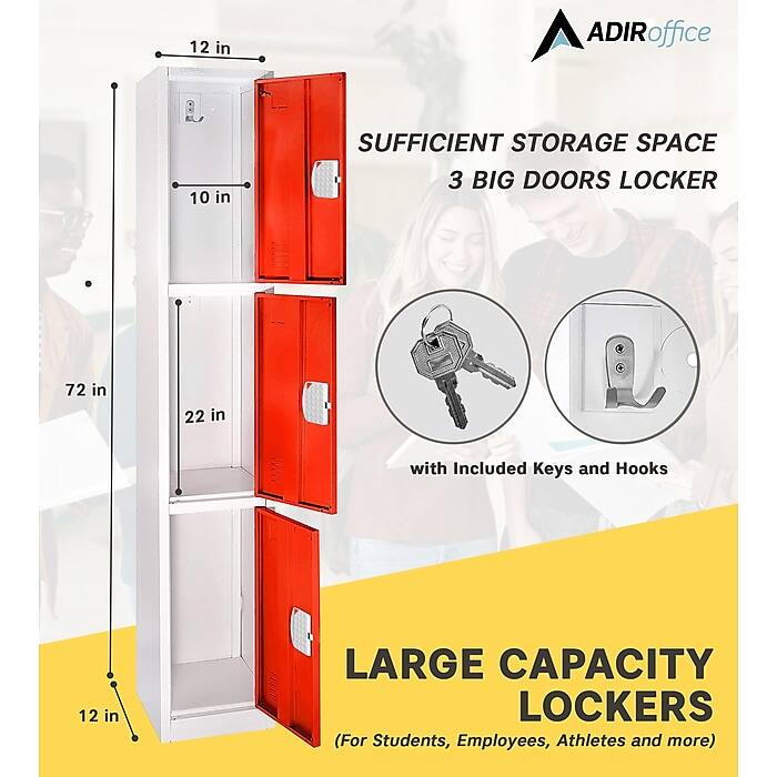 ADIRoffice, SUFFICIENT STORAGE SPACE, 3 BIG DOORS LOCKER, 72 in, 22 in, with Included Keys and Hooks, LARGE CAPACITY LOCKERS (For Students, Employees, Athletes and more), 12 in, 10 in