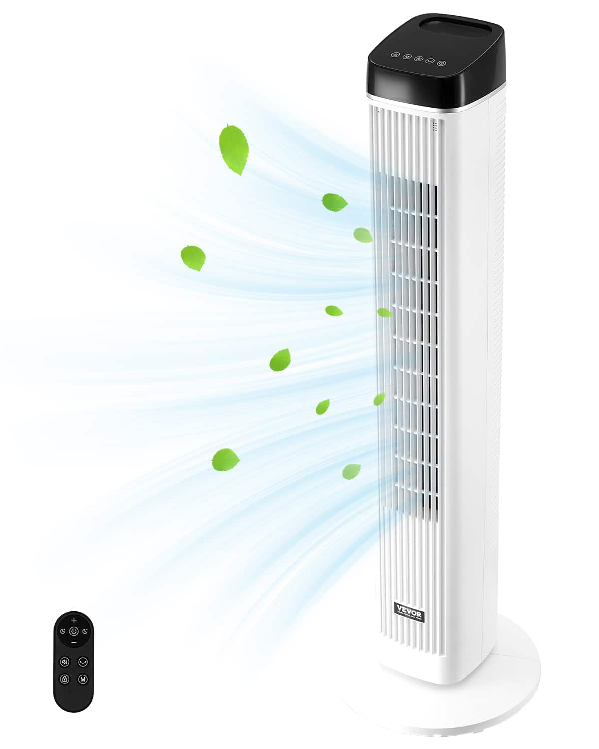 Front. VEVOR - Tower Fan, 22 ft/s Velocity Quiet Floor Fan, 70° Oscillating Fans for Indoors with 3 Speeds, 4 Modes, 12H Timer - Black + White.