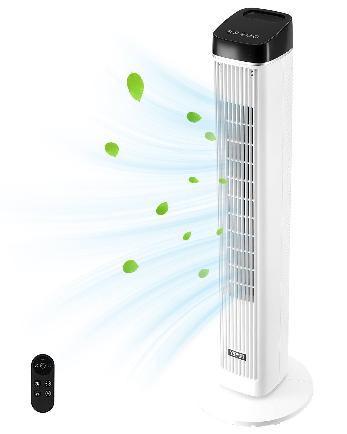 Front. VEVOR - Tower Fan, 22 ft/s Velocity Quiet Floor Fan, 70° Oscillating Fans for Indoors with 3 Speeds, 4 Modes, 12H Timer - Black + White.