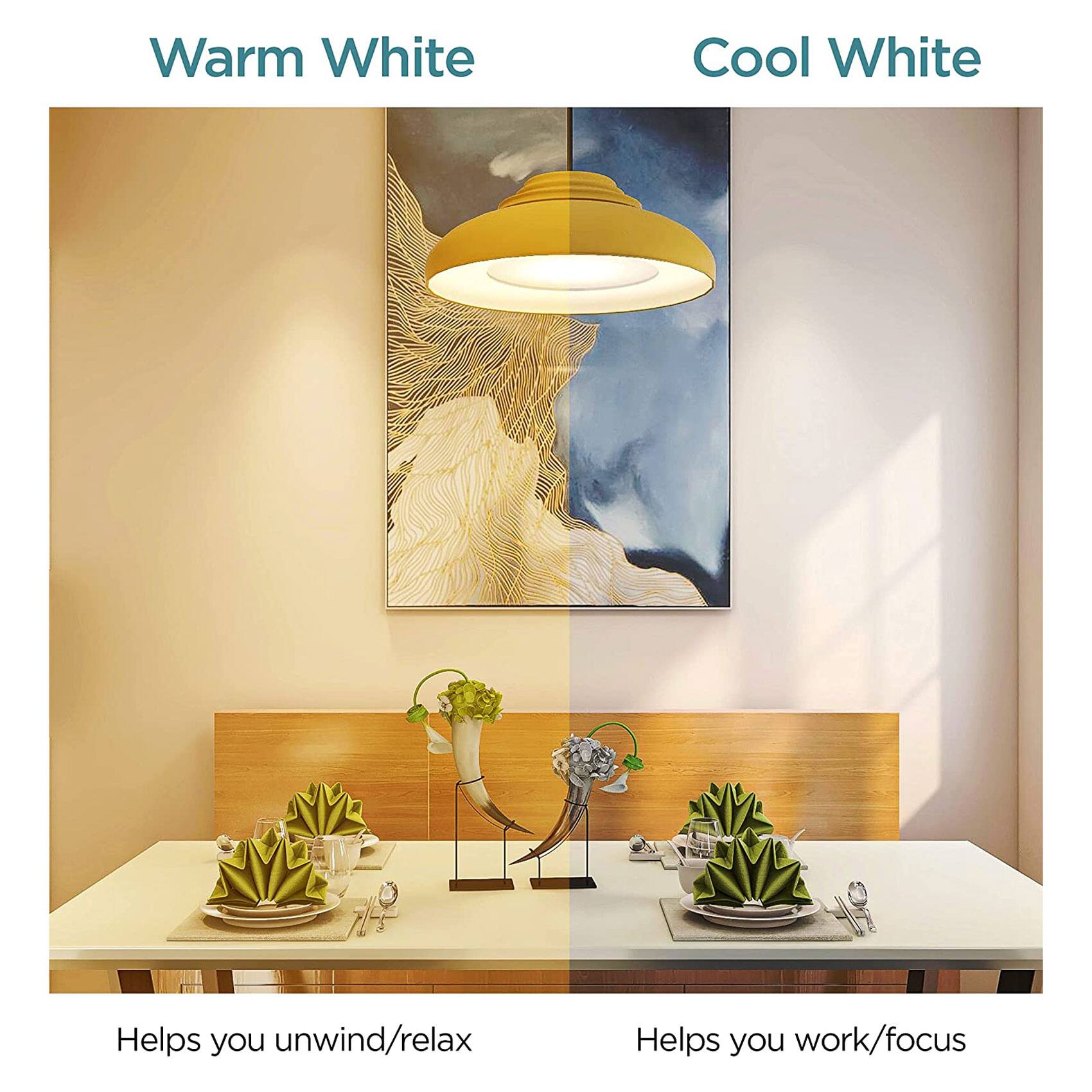 Warm White  
Helps you unwind/relax  

Cool White  
Helps you work/focus