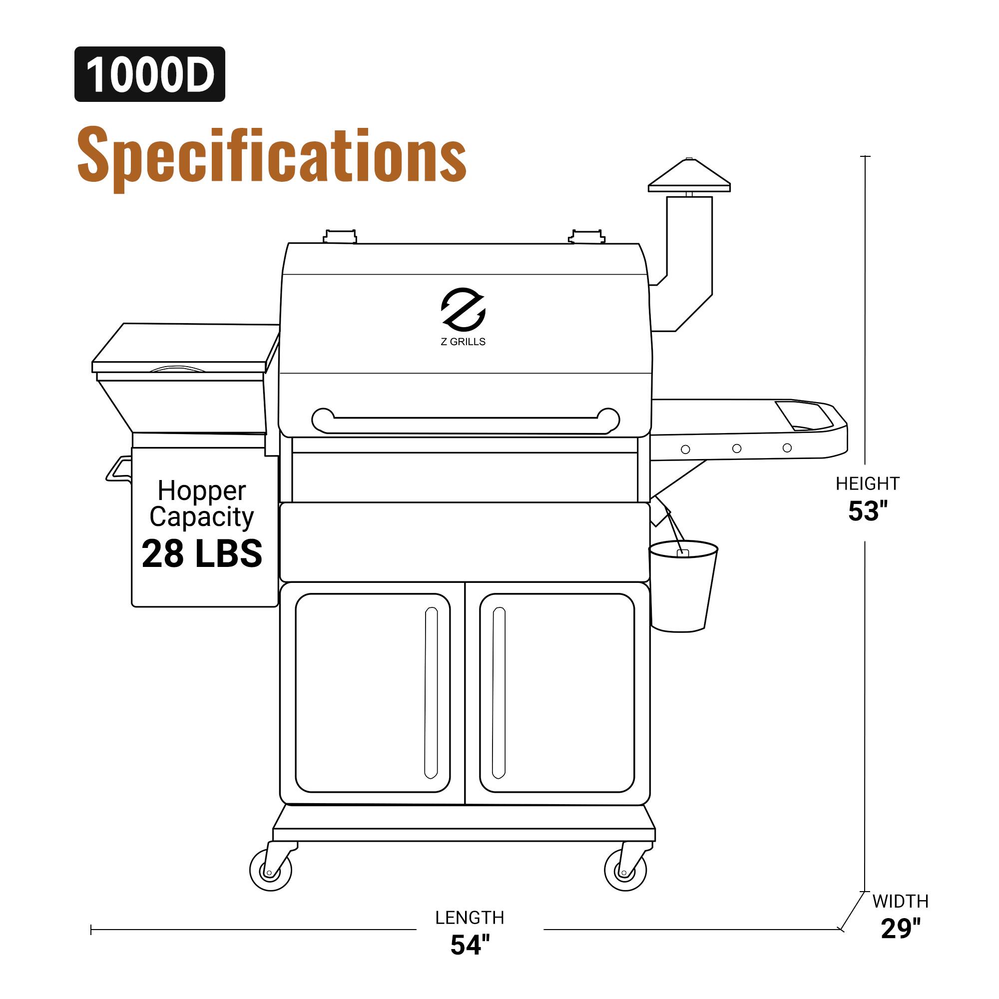 1000D Specifications  
- Hopper Capacity: 28 LBS  
- Height: 53"  
- Length: 54"  
- Width: 29"
