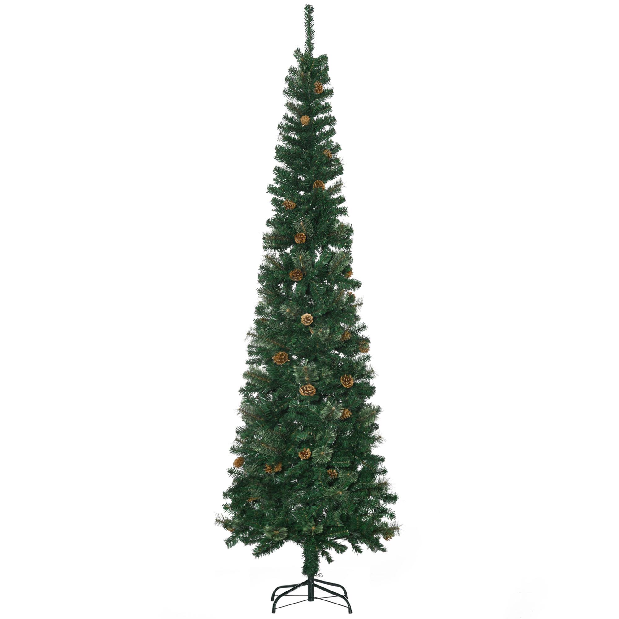 Front. Homcom - Foot Pencil Artificial Christmas Tree, Slim Pine Needles Xmas Tree with Realistic Branches, Pine Cones - green.