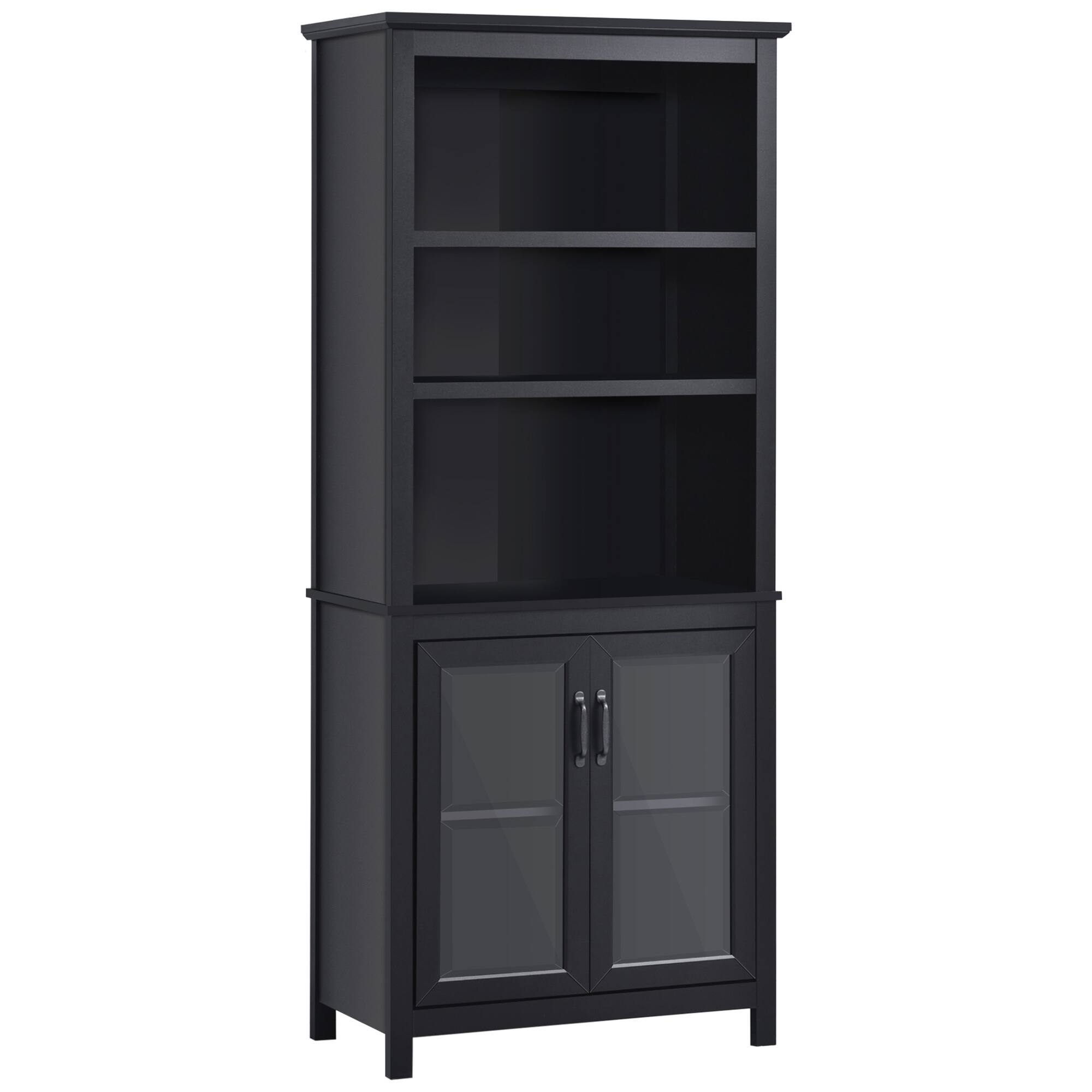 Homcom - 71" Bookcase Storage Hutch Cabinet with Adjustable Shelves and Glass Doors - Black