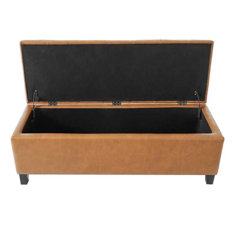 Angle. HTUTWOO - Ottoman Bench with Storage - PU Surface, Rubber Wood Legs, 300 lbs Capacity, MDF/Pine/Plywood Construction - Brown.