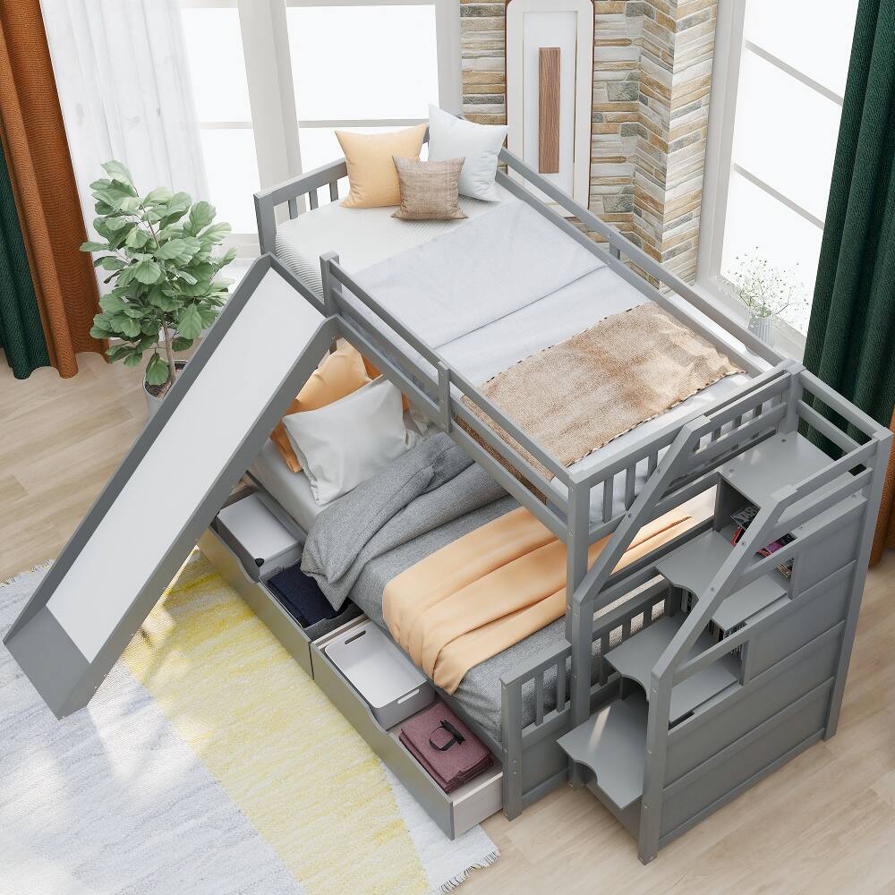 Angle. Loheer - Loheer Twin Over Full Bunk Bed with Slide and Storage Drawers Gray - Gray.