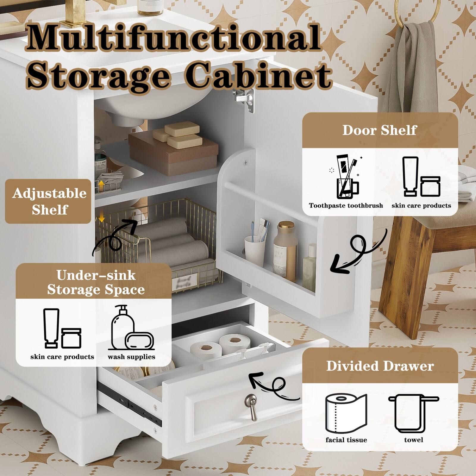 Multifunctional Storage Cabinet

- Adjustable Shelf
- Door Shelf
  - Toothpaste toothbrush
  - skin care products
- Under-sink Storage Space
  - skin care products
  - wash supplies
- Divided Drawer
  - facial tissue
  - towel