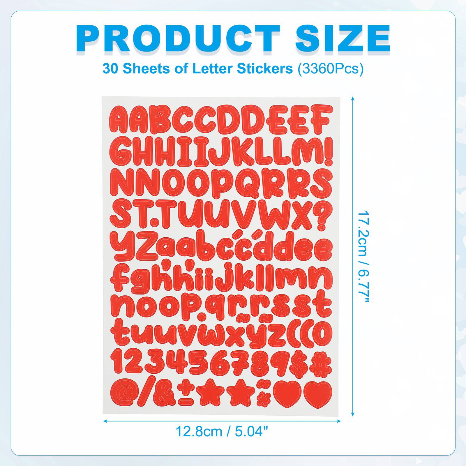 PRODUCT SIZE  
30 Sheets of Letter Stickers (3360Pcs)  

AABCCDDEEF  
GHHIIJKLLM!  
NNOOPQRRS  
ST.TUUVWX?  
YZaabccddee  
fghhiijklimn  
nooparrsst  
tuuvwxyzcco  

123456789$#  
@/&**  

12.8cm / 5.04"  
17.2cm / 6.77"