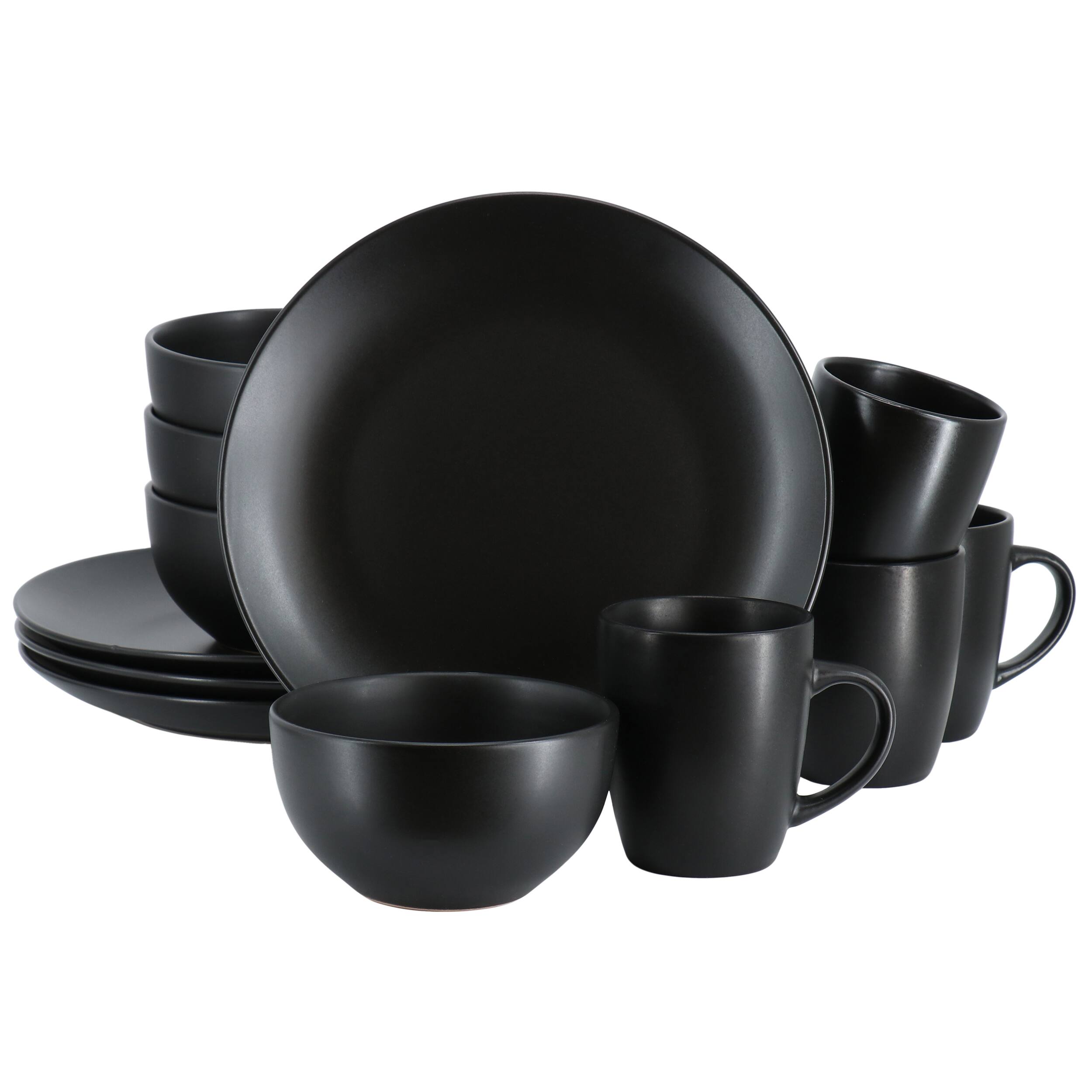 Front. Gibson - Gibson Home Everyday Plus 12 Piece Round Stoneware Dinnerware Set in Black - Black.