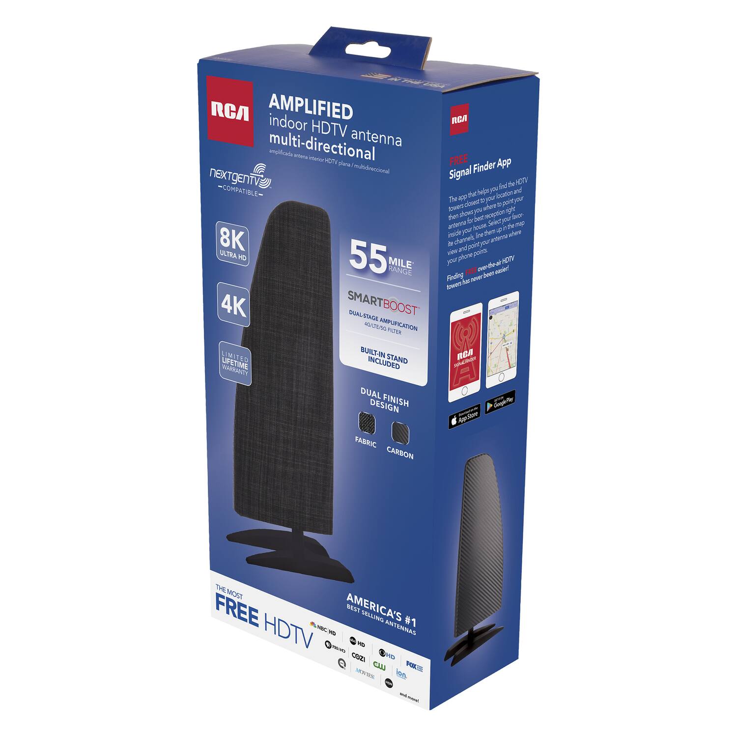 RCA Amplified Indoor HDTV Antenna Multi-directional

- 8K Ultra HD
- 4K
- 55 Mile Range
- SmartBoost
- Dual Antenna
- Lifetime Amplifier
- Built-in Stand
- Dual Design
- Single Finish
- Carbon
- Limited Warranty
- Signal Finder App
- Compatible with NextGen TV
- The Most Free HDTV
- America's #1 Selling Antenna

Features:
- Amplified for better reception
- Multi-directional for optimal signal capture
- Compatible with 8K, 4K, and HD
- SmartBoost technology for enhanced signal
- Dual antenna design for improved reception
- Lifetime amplifier for durability
- Built-in stand for easy placement
- Dual design options: Fabric or Carbon
- Signal Finder App to locate the best antenna position
- Compatible with NextGen TV
- Free HDTV service
- America's #1 selling antenna