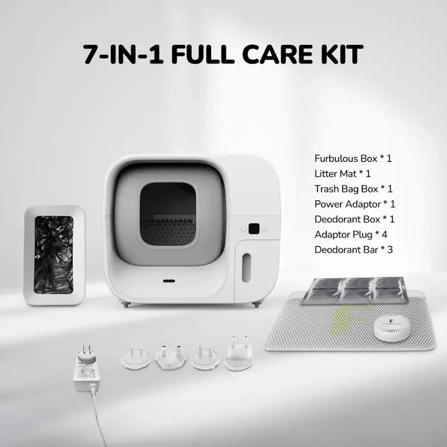 7-IN-1 FULL CARE KIT:

1. Furbulous Box 1
2. Litter Mat
3. Trash Box 1
4. Bag
5. Power Adaptor 1
6. Deodorant Box 1
7. Adaptor Plug 4
8. Deodorant Bar 3