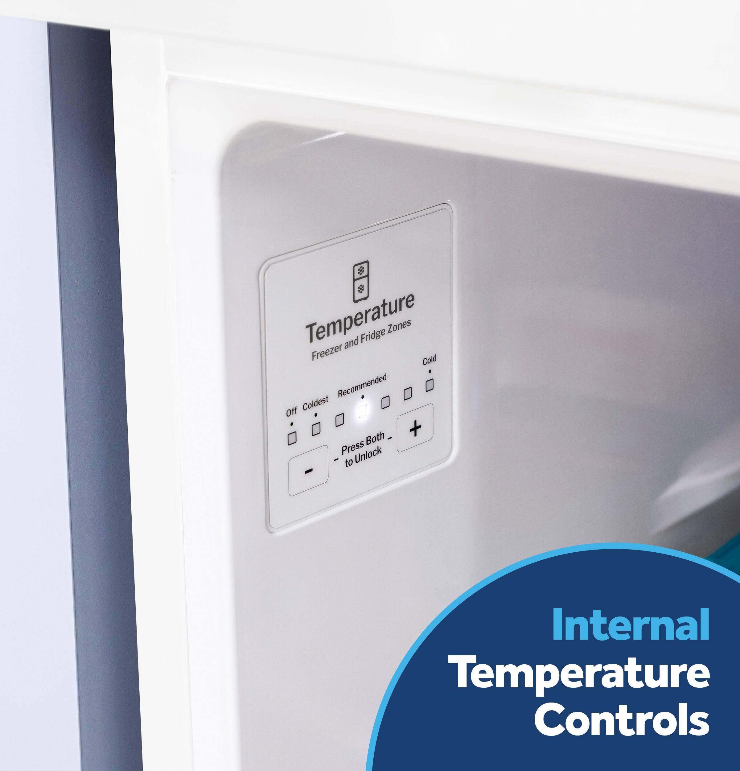 Temperature and Fridge Zones  
Freezer Cold Recommended Coldest  
Press + to Unlock  
Internal Temperature Controls