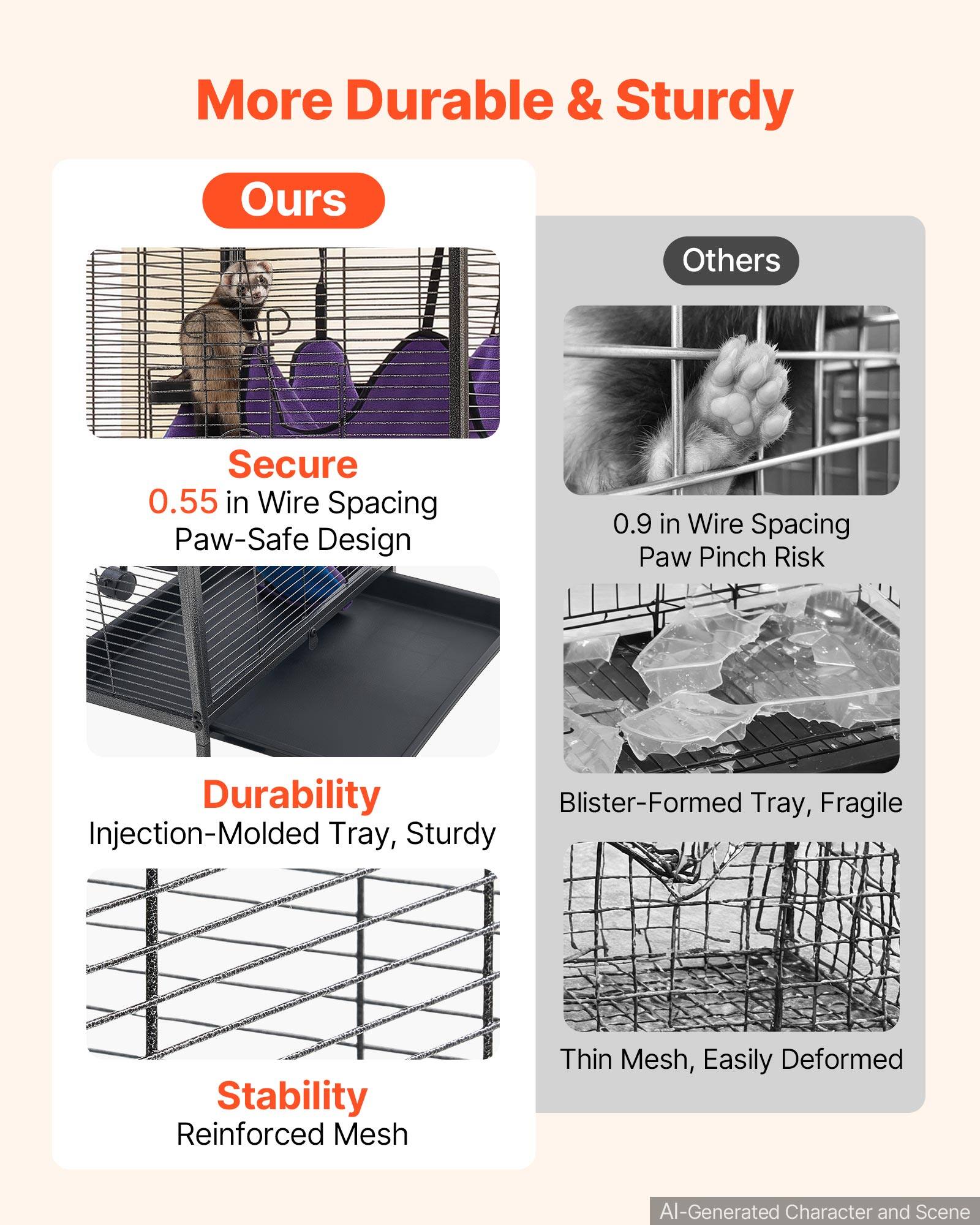 More Durable & Sturdy

Ours
- Secure
  - 0.55 in Wire Spacing
  - Paw-Safe Design
- Durability
  - Injection-Molded Tray, Sturdy
- Stability
  - Reinforced Mesh

Others
- 0.9 in Wire Spacing
  - Paw Pinch Risk
- Blisters-Formed Tray, Fragile
- Thin Mesh, Easily Deformed

AI-Generated Character and Scene