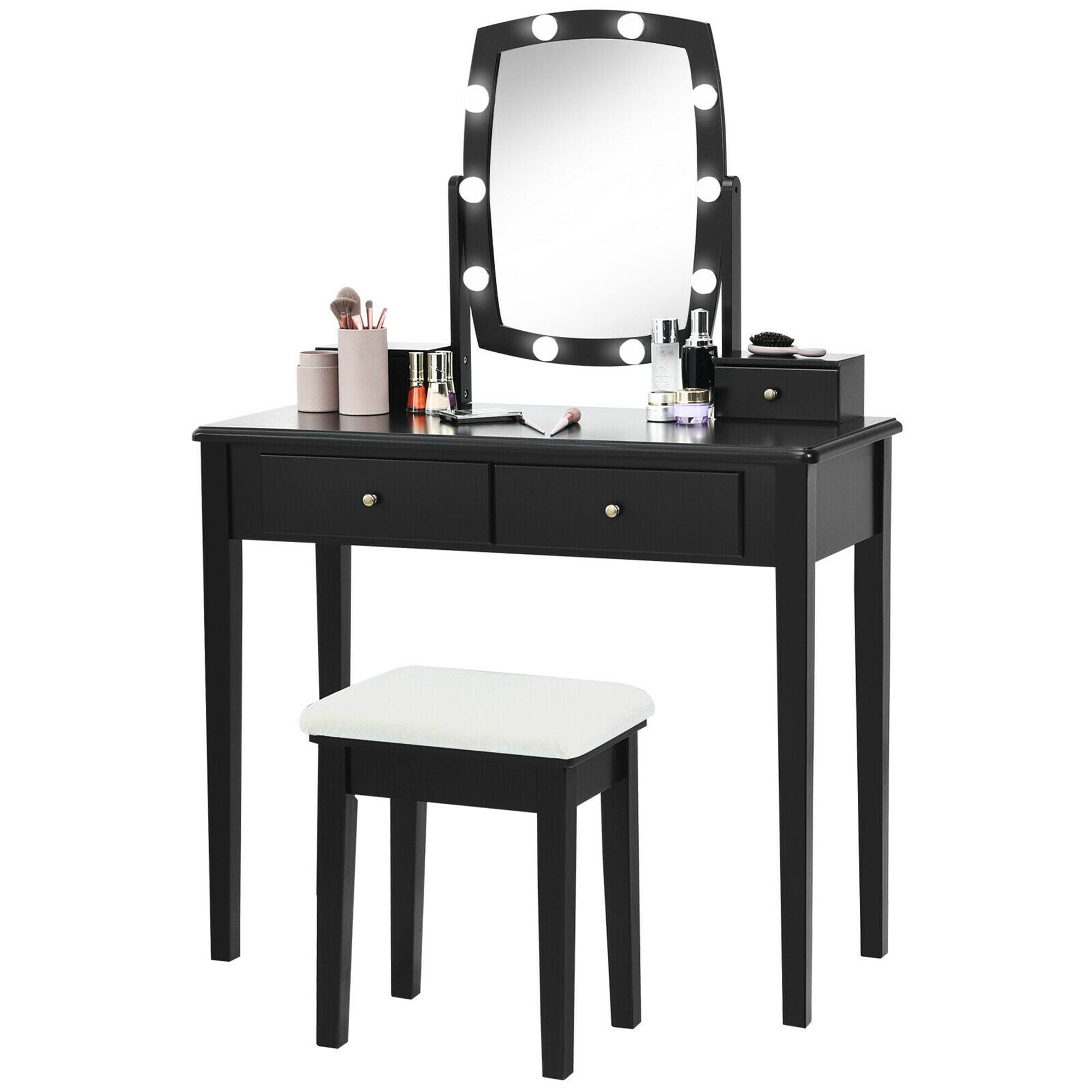 Alt View 8. Gymax - Gymax Vanity Table Set with Lighted Mirror Adjustable 10 Bulbs Dresser 4 Drawer Black - Black.