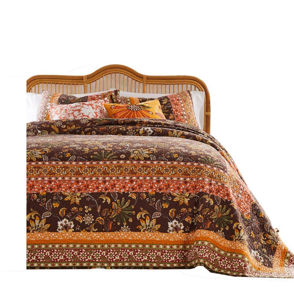 Front. Barefoot Bungalow - Barefoot Bungalow Audrey Chic Boho Jacobean Fern Floral Prints Bedspread Set 3-Piece King/California King Chocolate - Chocolate.