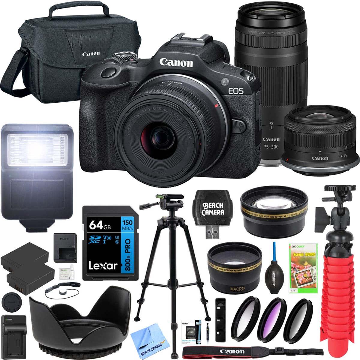 Canon - EOS R100 Mirrorless Camera Double Zoom 2 Lens Kit 18-45mm + 75-300mm Bundle