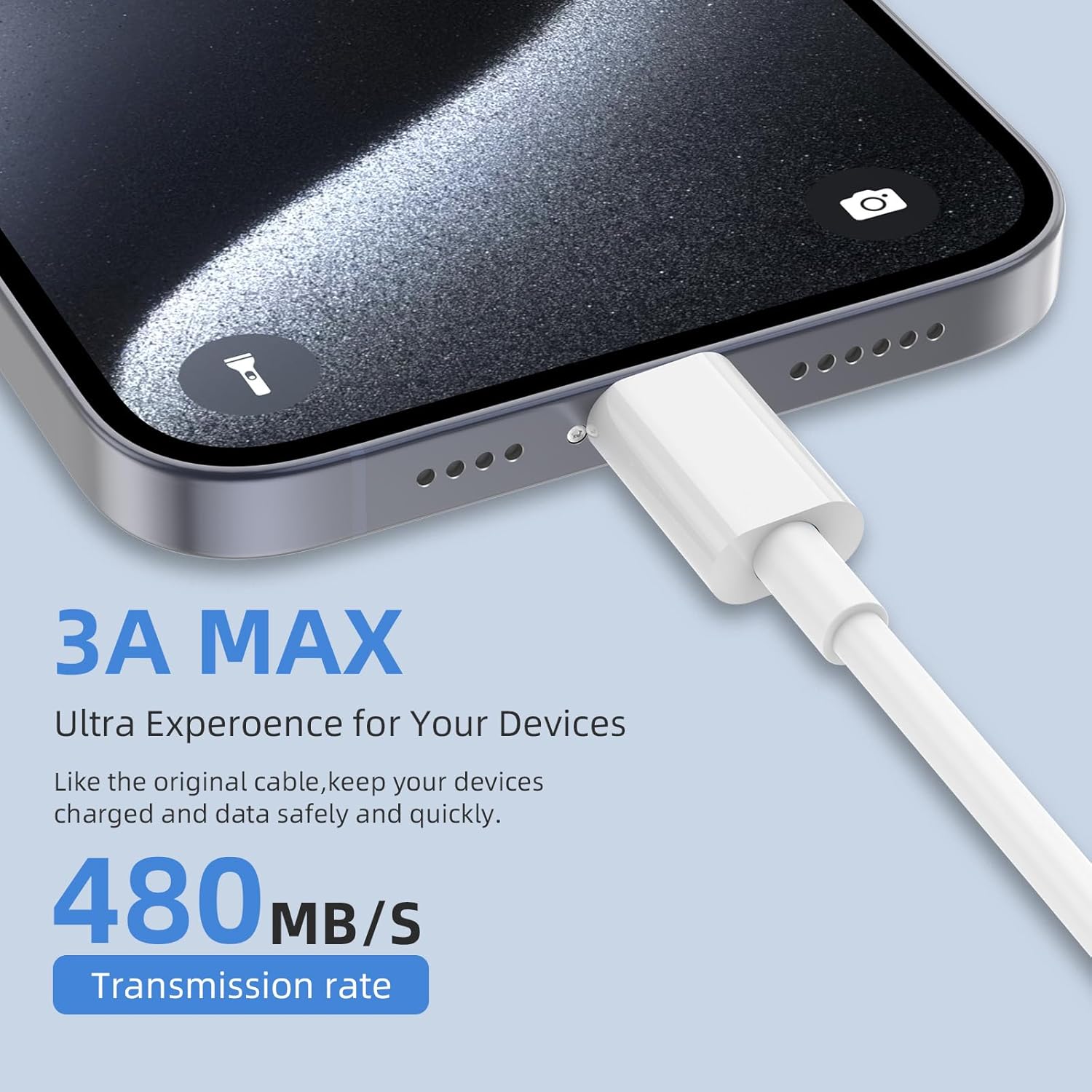 3A MAX  
Ultra Experience for Your Devices  

Like the original cable, keep your devices charged and data safely and quickly.  

480 MB/S  
Transmission rate
