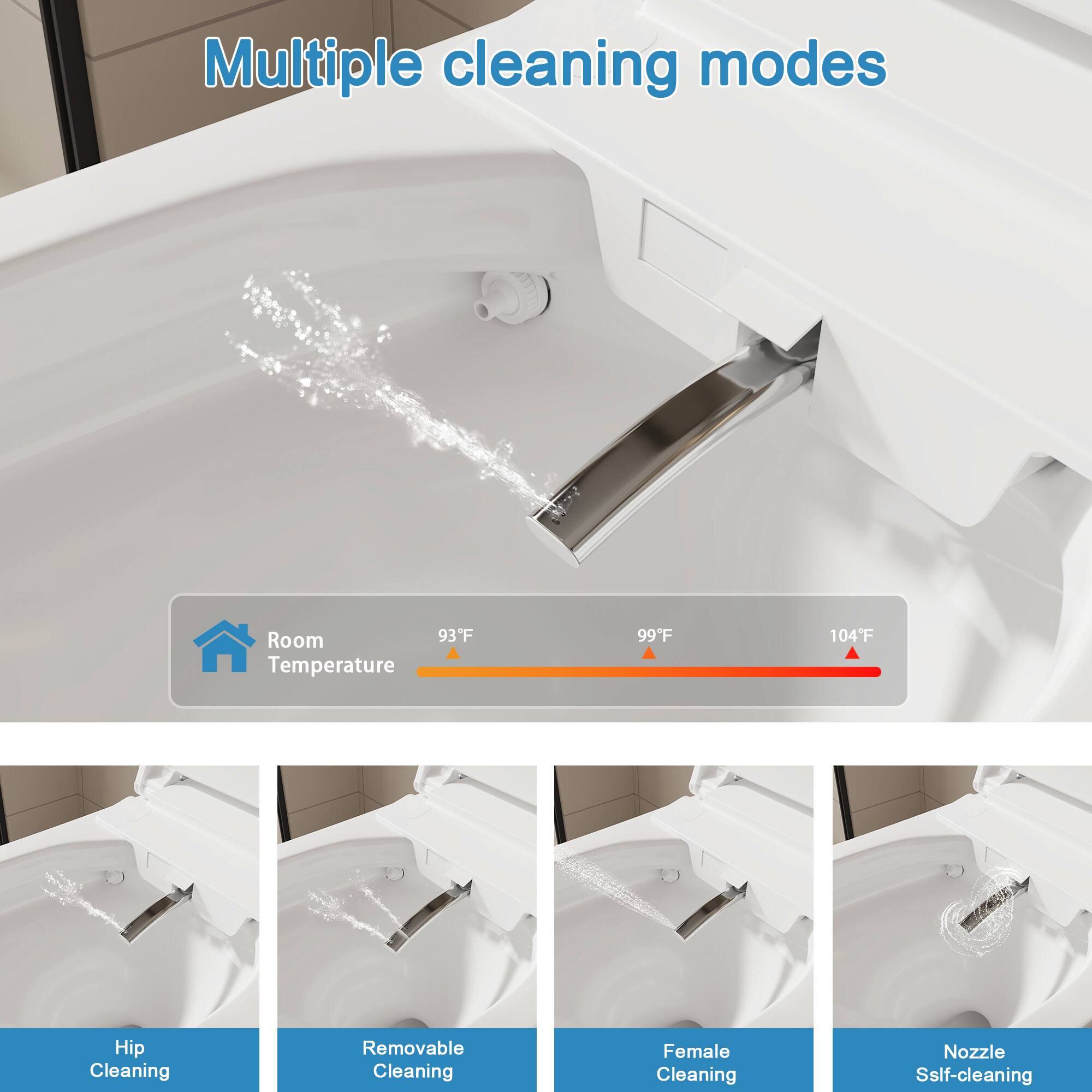 Multiple cleaning modes

Room Temperature 93°F 99°F 104°F

Hip Cleaning  
Removable Cleaning  
Female Cleaning  
Nozzle Self-cleaning