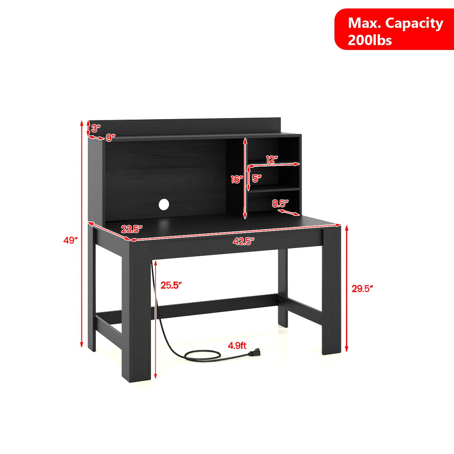 Max. Capacity 200lbs  
3" 9" 12" 16" 5" 8.5" 49" 23.5" 42.5" 25.5" 29.5" 4.9ft