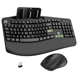 PRIMEPLUS - Wireless Keyboard & Mouse Combo, 2.4G Ergonomic Full Size Wave Keys with Wrist Rest & Phone Holder, 3-DPI Silent Mouse - Black and Avocado Green