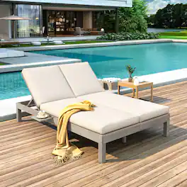 Loheer - Double Outdoor Chaise Lounge with 5-Position Adjustable Backrest, Cushion & Folding Side Trays - Gray