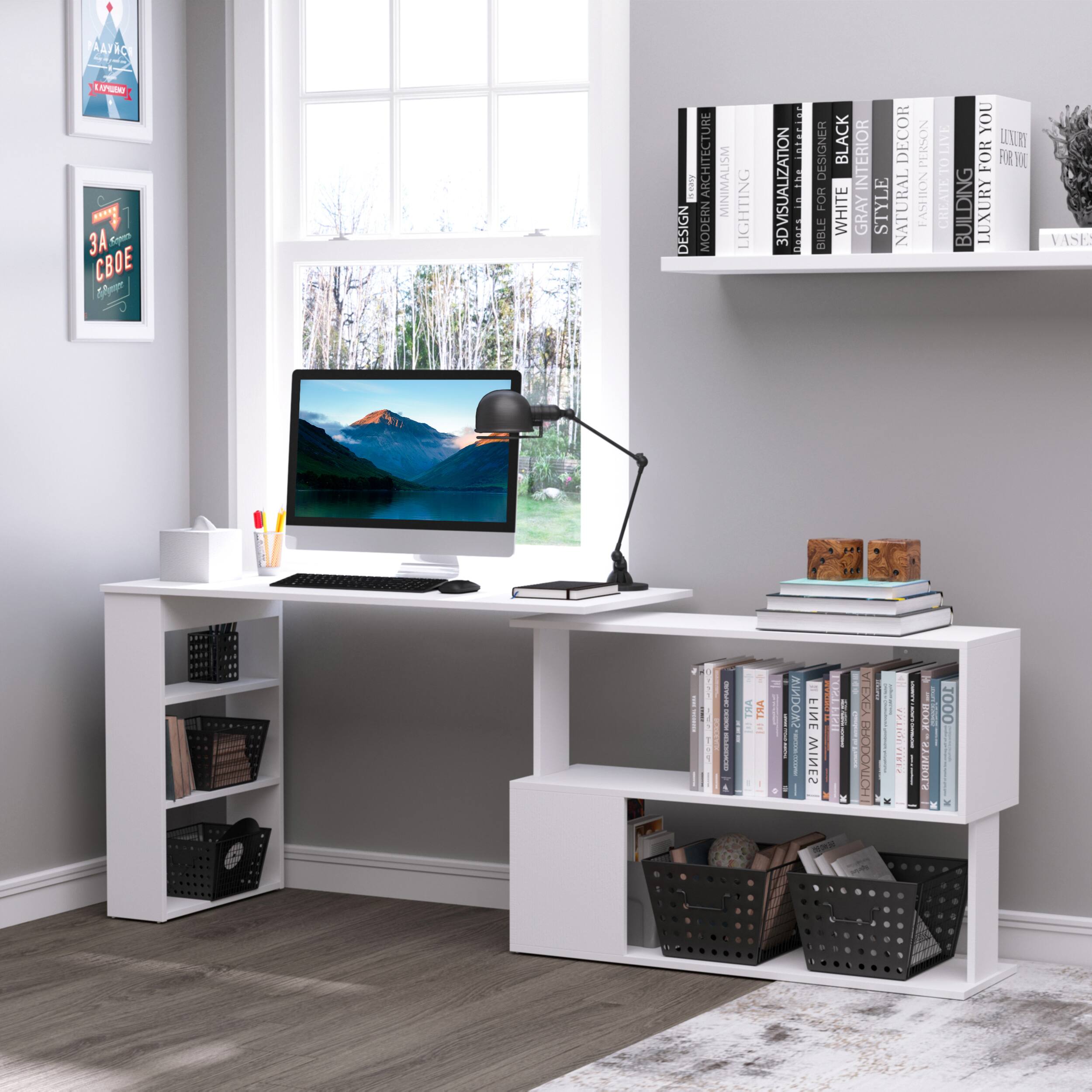 Homcom Rotating Home Office Desk L Shaped Corner Computer Desk with ...