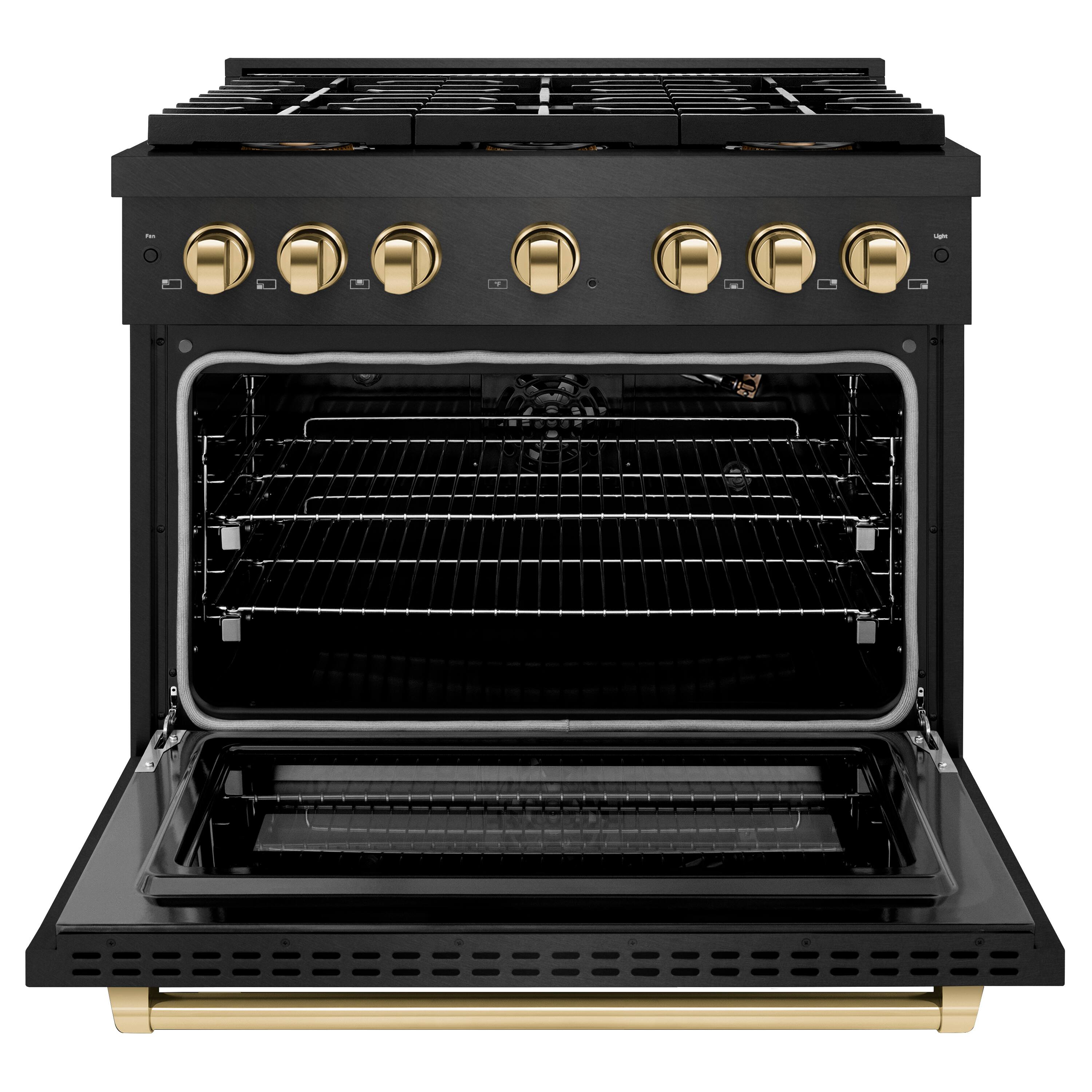 Angle. ZLINE - Autograph 36 in. 5.2 cu. ft. Manual Clean Freestanding DuoPro Gas Range in Black Satin Stainless Steel and Gold Accents - Black Satin Stainless Steel.