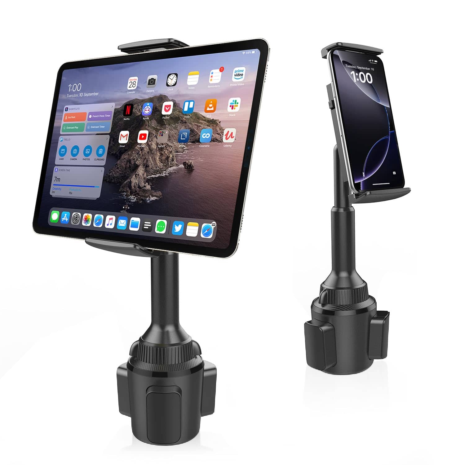 VEGA AUTOMOTIVE - Tablet Holder For Car Cup Mount Truck Height Adjustable Ipad With 9 9 Wide Clamp 4 7 Pro Air Mini Galaxy Ta - Black