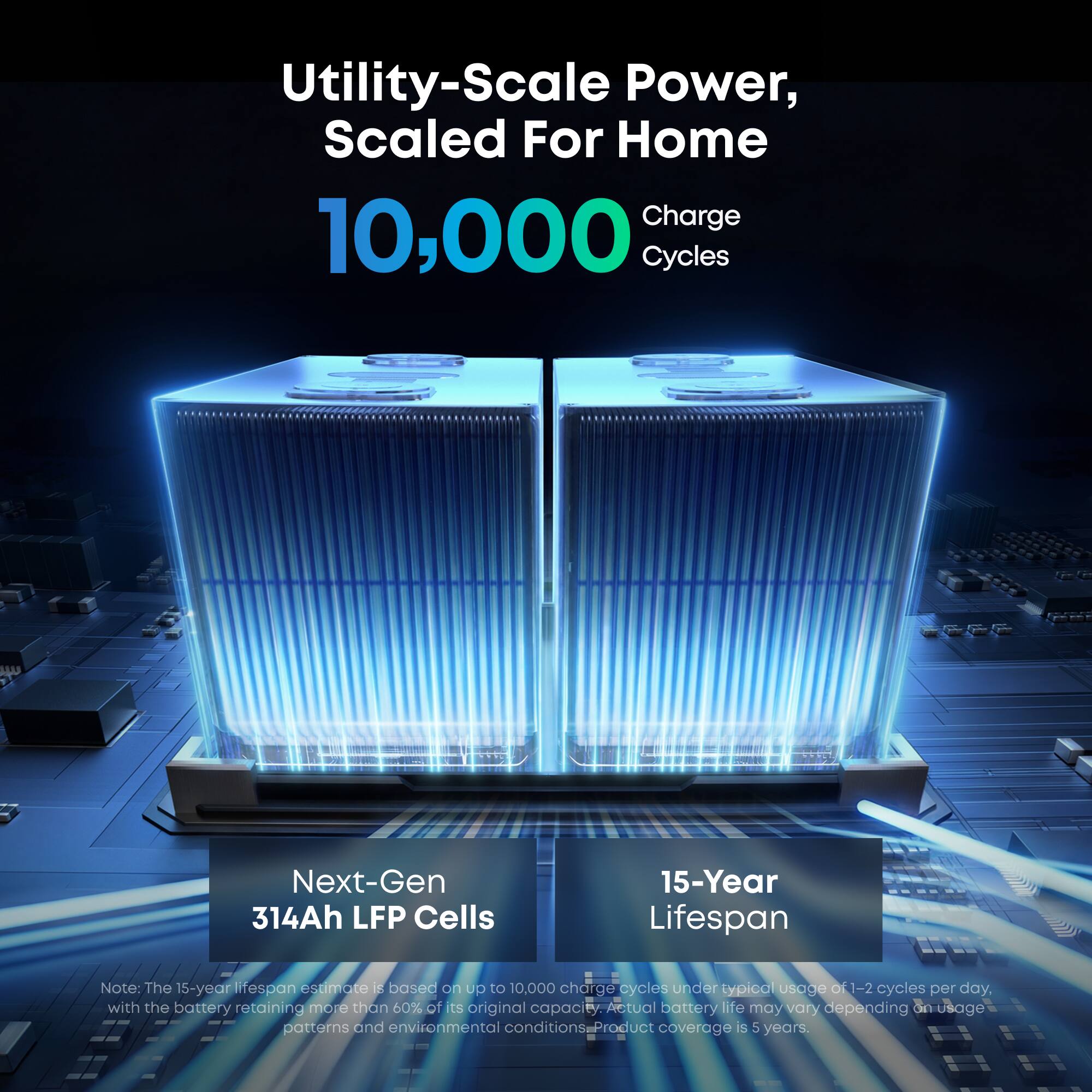 Utility-Scale Power, Scaled For Home  
10,000 Charge Cycles  
Next-Gen 314Ah LFP Cells  
15-Year Lifespan  

Note: The 15-year lifespan estimate is based on up to 10,000 charge cycles under typical usage of 1-2 cycles per day. The battery retains more than 60% of its original capacity. Actual battery life may vary depending on usage patterns and environmental conditions. Product coverage is 5 years.