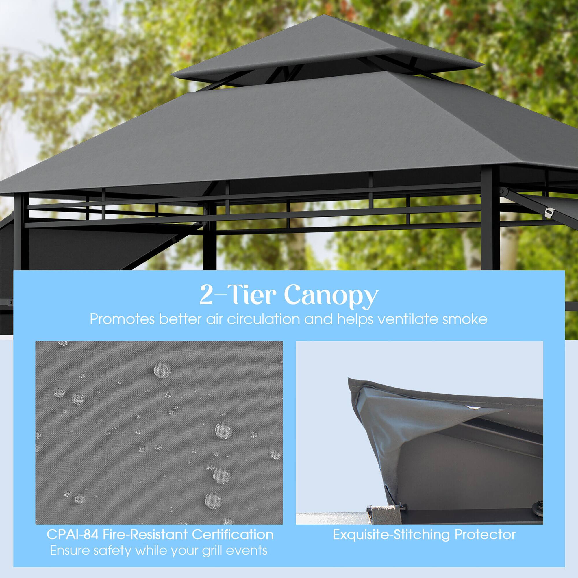 2-Tier Canopy Promotes better air circulation and helps ventilate smoke  
CPAI-84 Fire-Resistant Certification  
Exquisite-Stitching Protector  
Ensure safety while your grill events