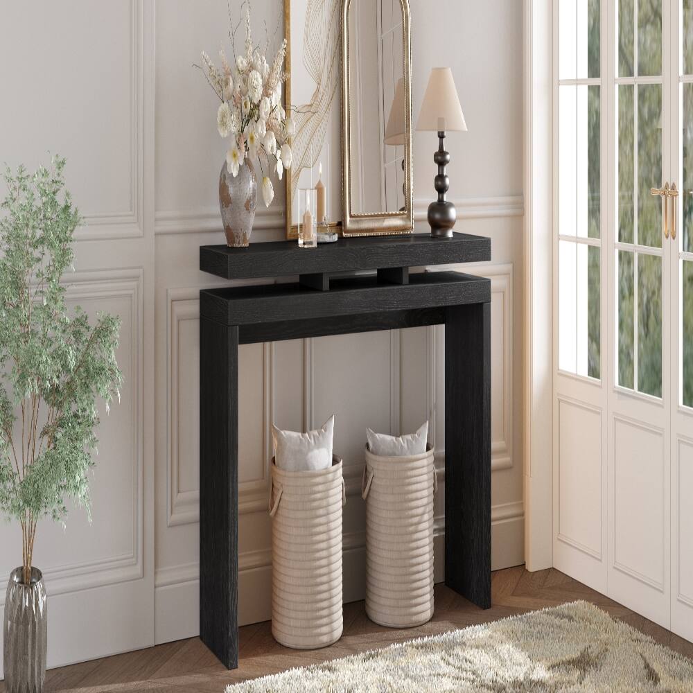 Alt View 2. Loheer - Loheer 60 inch black console table, double board suspension farmhouse entryway table with open storage - Black.
