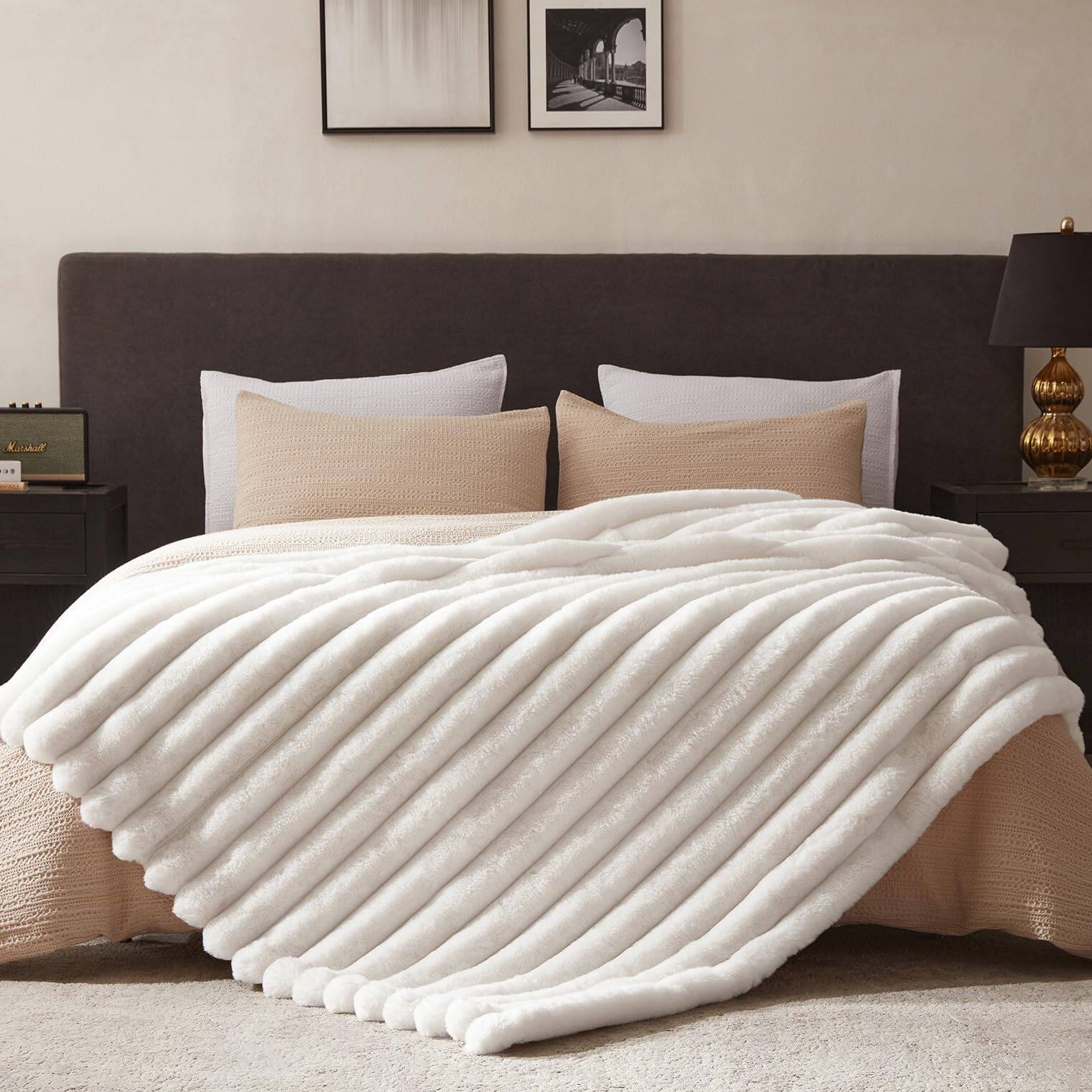 Alt View 2. ThinkLink Electronic - Faux Throw Blanket Striped Soft Cozy Fluffy Luxurious Blankets Couch Bed Sofa Chair Warm Furry Plush - Dark Grey Twin (60" x 80").