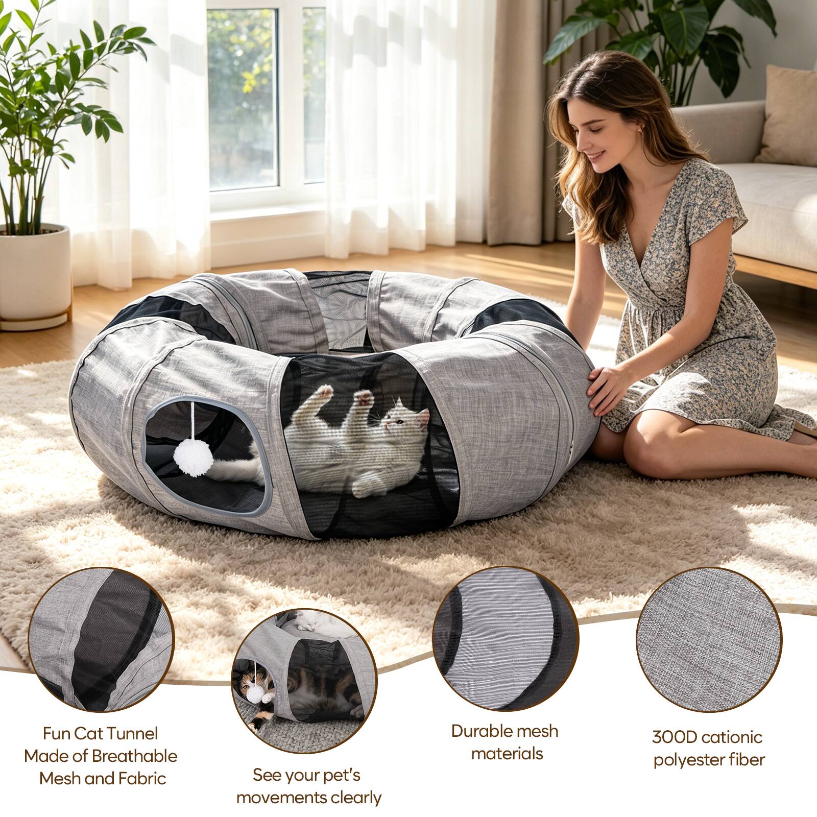 Fun Cat Tunnel Made of Breathable Mesh and Fabric  
See your pet's movements clearly  
Durable mesh materials  
300D cationic polyester fiber
