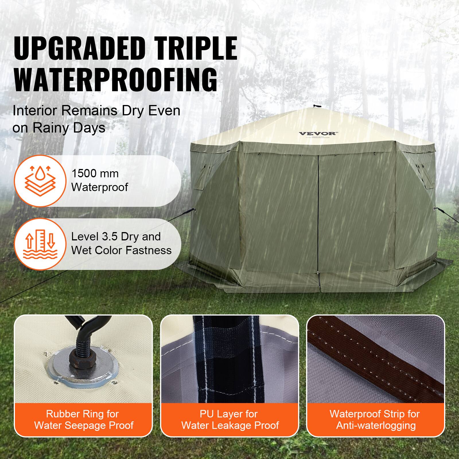 UPGRADED TRIPLE WATERPROOFING
Interior Remains Dry Even on Rainy Days
VEVOR
1500 mm Waterproof
Level 3.5 Dry and Wet Color Fastness
Rubber Ring for Water Seepage Proof
PU Layer for Water Leakage Proof
Waterproof Strip for Anti-waterlogging