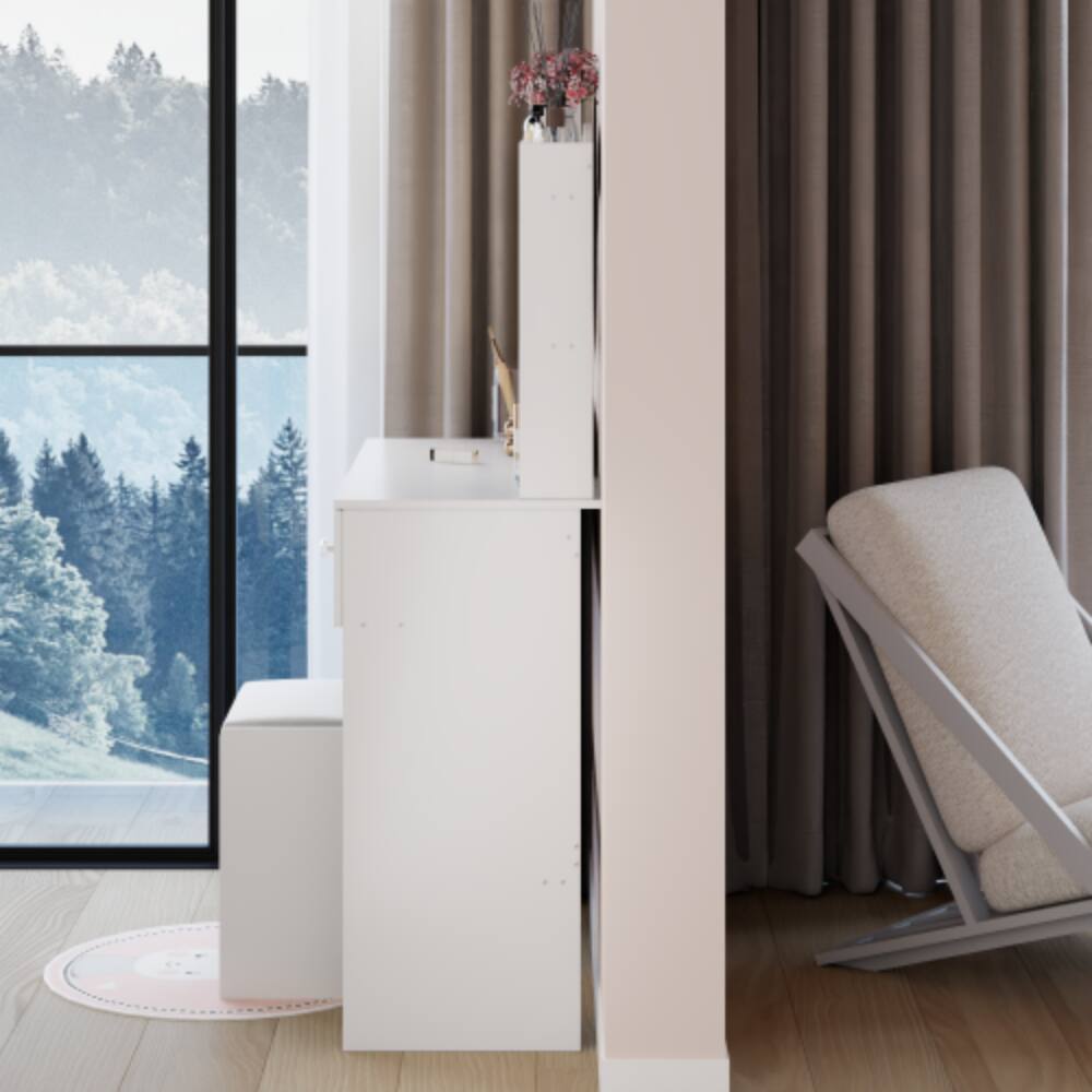 Alt View 2. LUCKY ONE - 17in Round LED Mirror Vanity Set with Large Desktop, Multi-Layer Storage and Stool for Small Space - White.