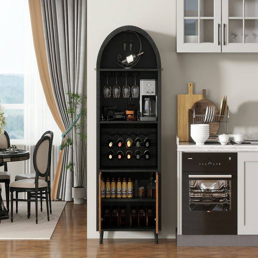 Back. Kadyn - 71-Inch Farmhouse Arched Wine Bar Cabinet with Glass Holder - Black/Natural - Black.