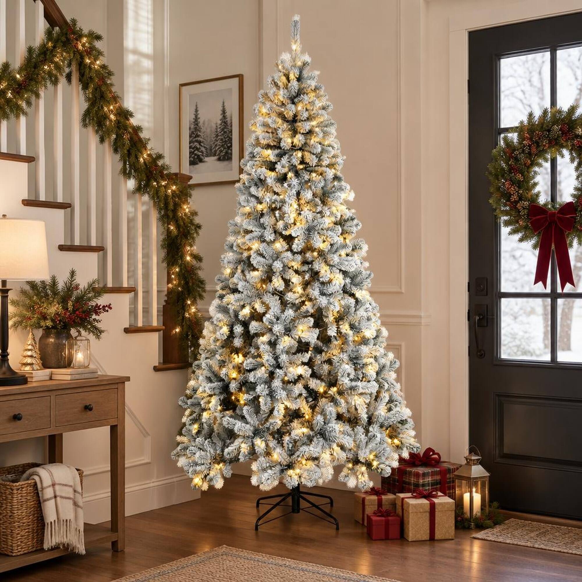 Left. RYHNUYNE - 6FT Pre-Lit Flocked Northern Pine Christmas Tree With Realistic Curved Tips and Pre-Strung LED Lights - Green,White.