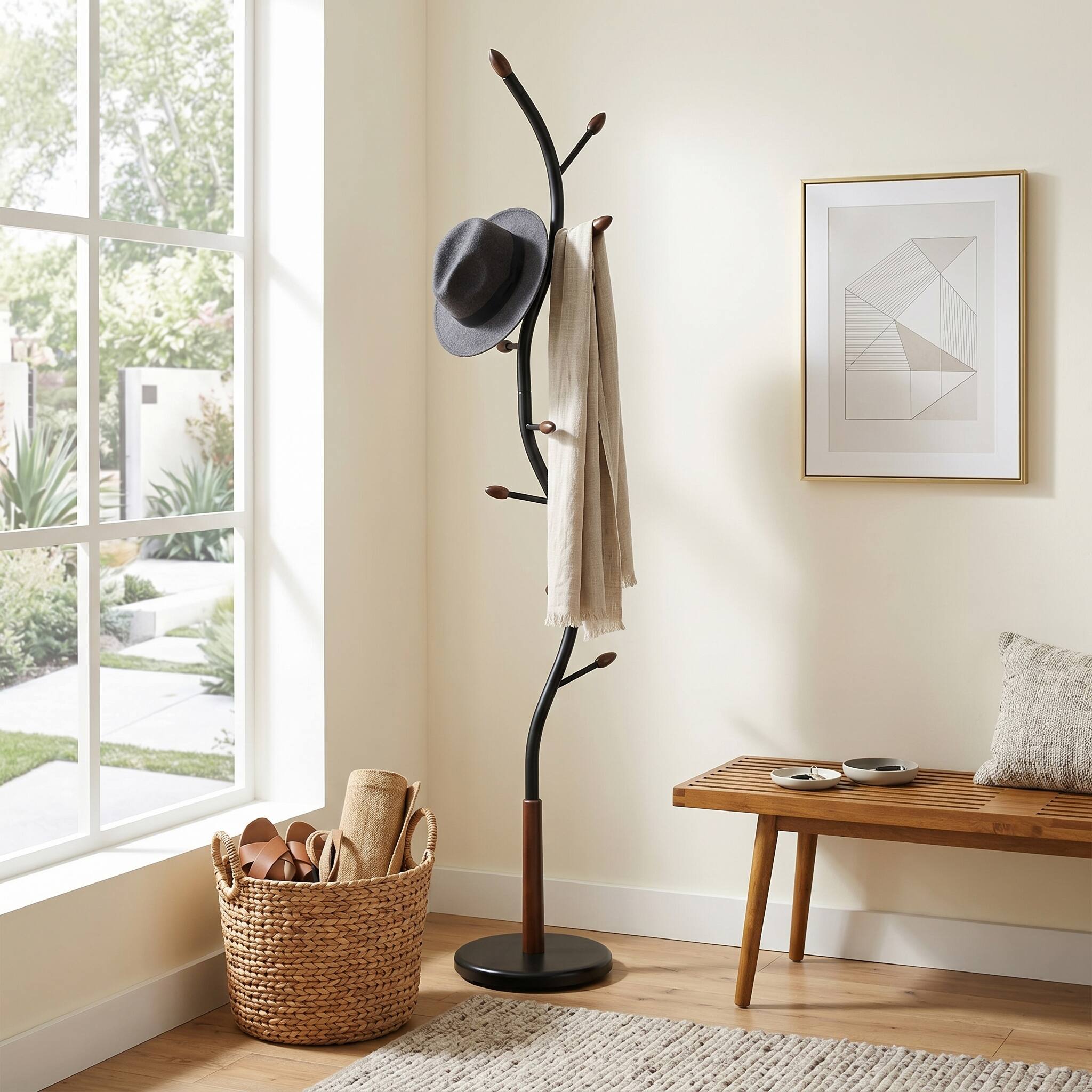 Angle. Z-Edge - Coat Rack, Metal Coat Tree Freestanding with 8 Hooks, Creative Design Tree Branch-look, Standing Coat Rack for Bedroom - Black.