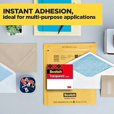 INSTANT ADHESION, ideal for multi-purpose applications

SEAL-SEALING CLOBURE

Scotch Transparent Tape

3M Scotch Bubble Mailer

INSIDE DIMENSIONS: 85 N 1 I IN 25 mm x 279 mm
