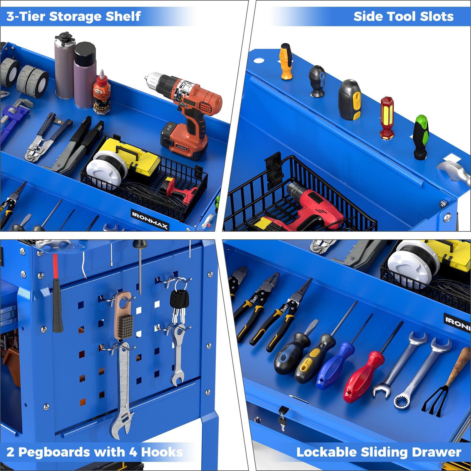3-Tier Storage Shelf  
Side Tool Slots  
2 Pegboards with 4 Hooks  
Lockable Sliding Drawer