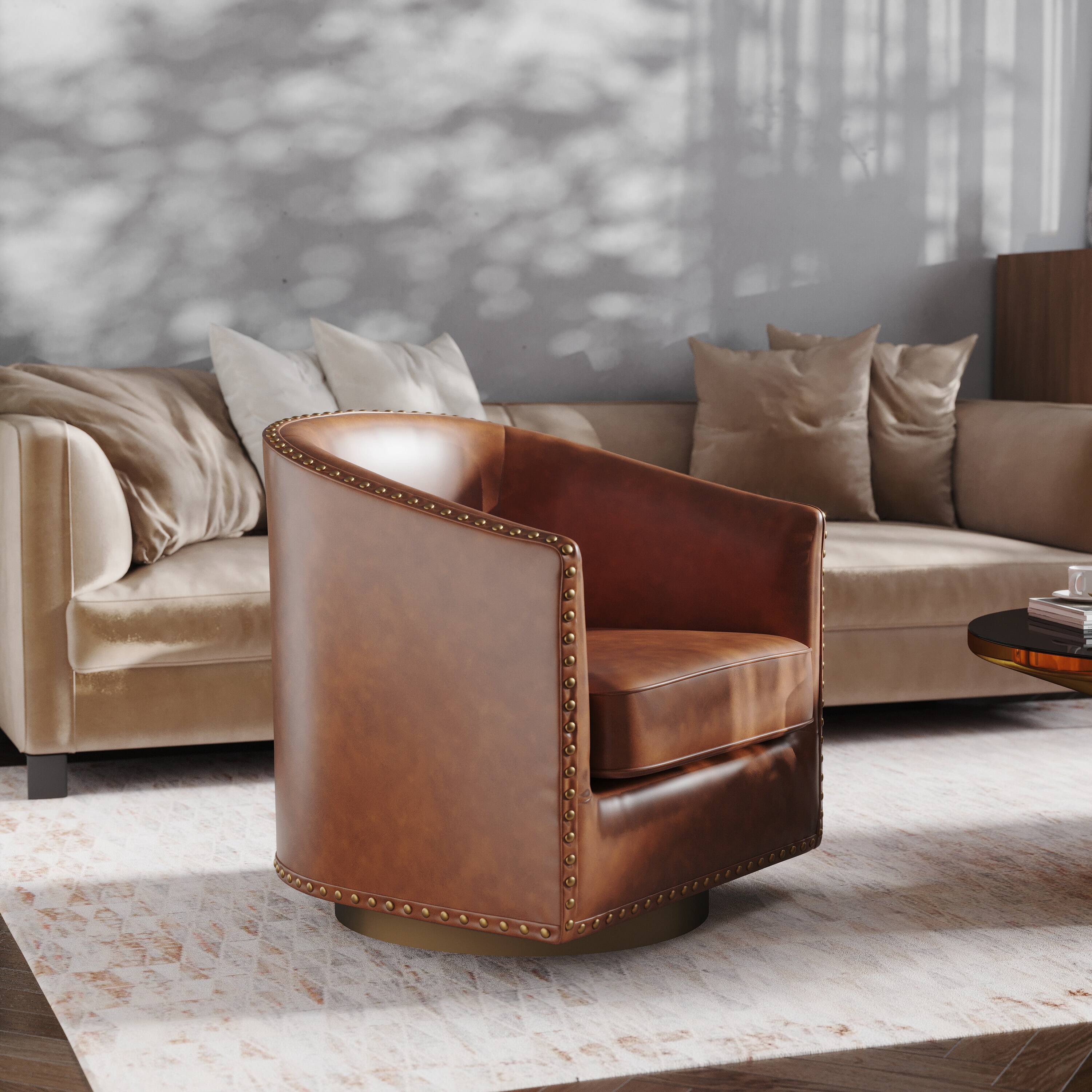 Alt View 1. Emma + Oliver - Cole Upholstered Club Style Barrel Accent Chair with 360° Swivel Vinyl Wrapped Base and Decorative Nail Head Trim - Brown.