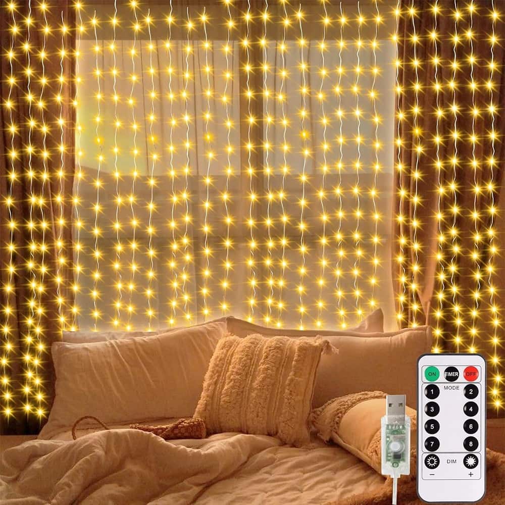 MOSZAR LLC - 300 LED Curtain Lights, 9.8×9.8 ft, USB & Remote, Warm White, Indoor/Outdoor