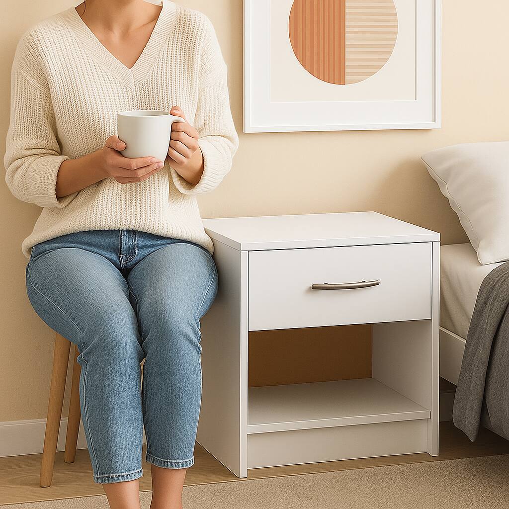 Angle. Hivvago - Wooden Bedside Unit with Shelf and Storage Drawer - White.