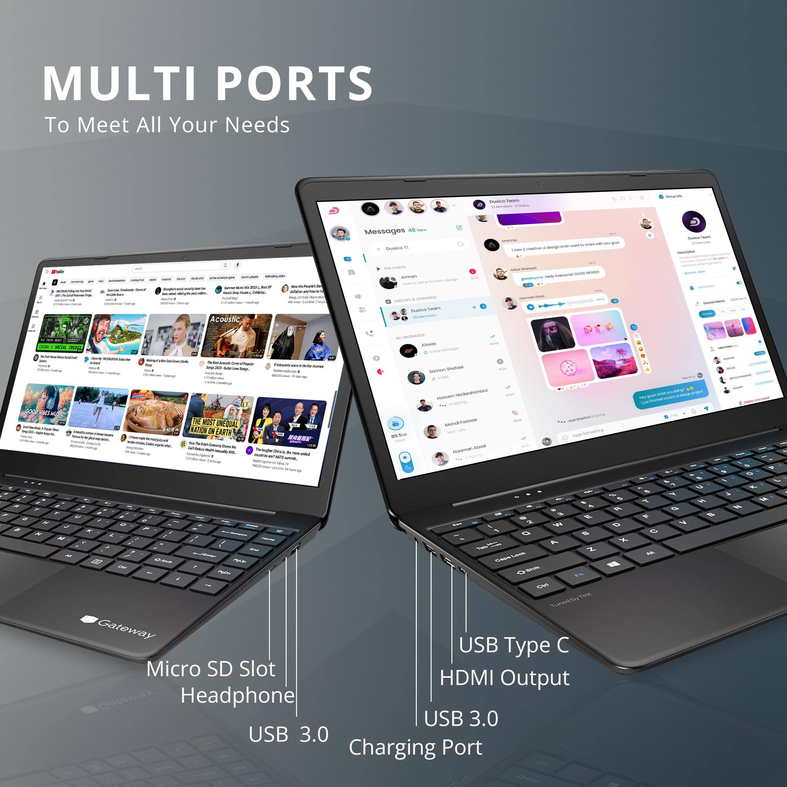 MULTI PORTS  
To Meet All Your Needs

- Micro SD Slot
- Headphone
- USB 3.0
- USB Type C
- HDMI Output
- USB 3.0 Charging Port