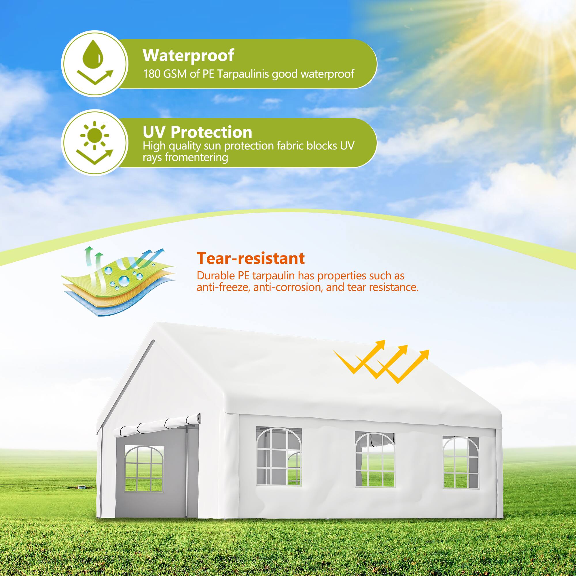 Waterproof  
180 GSM of PE Tarpaulin is good waterproof

UV Protection  
High quality sun protection fabric blocks UV rays from entering

Tear-resistant  
Durable PE tarpaulin has properties such as anti-freeze, anti-corrosion, and tear resistance.